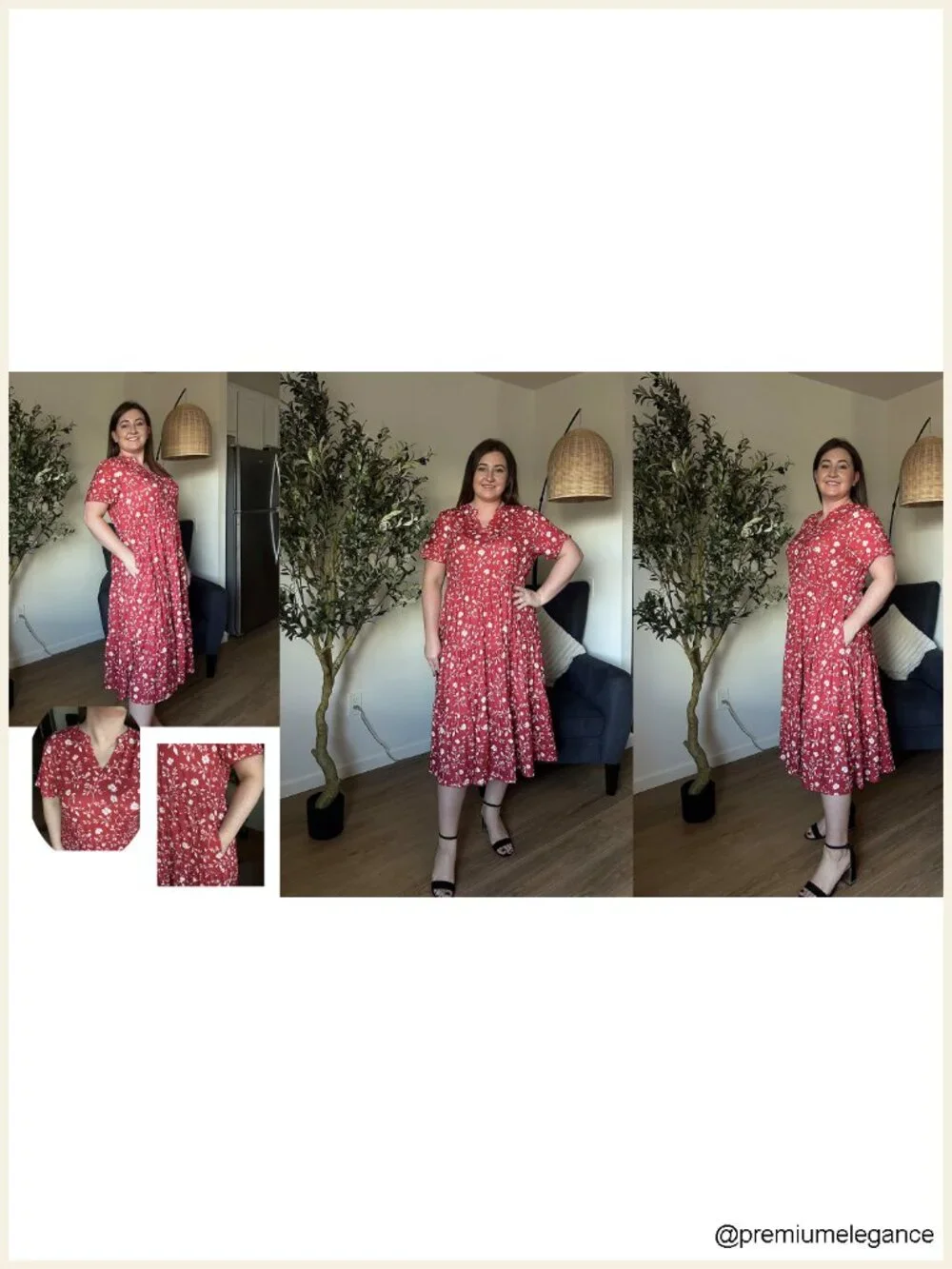 Plus Size Midi Dress V-Neck Short Sleeve A-Line Tiered with Pockets